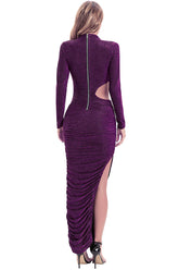 Glitzerndes, langärmliges, gerafftes, geschlitztes Maxikleid mit Cut-outs - Lila